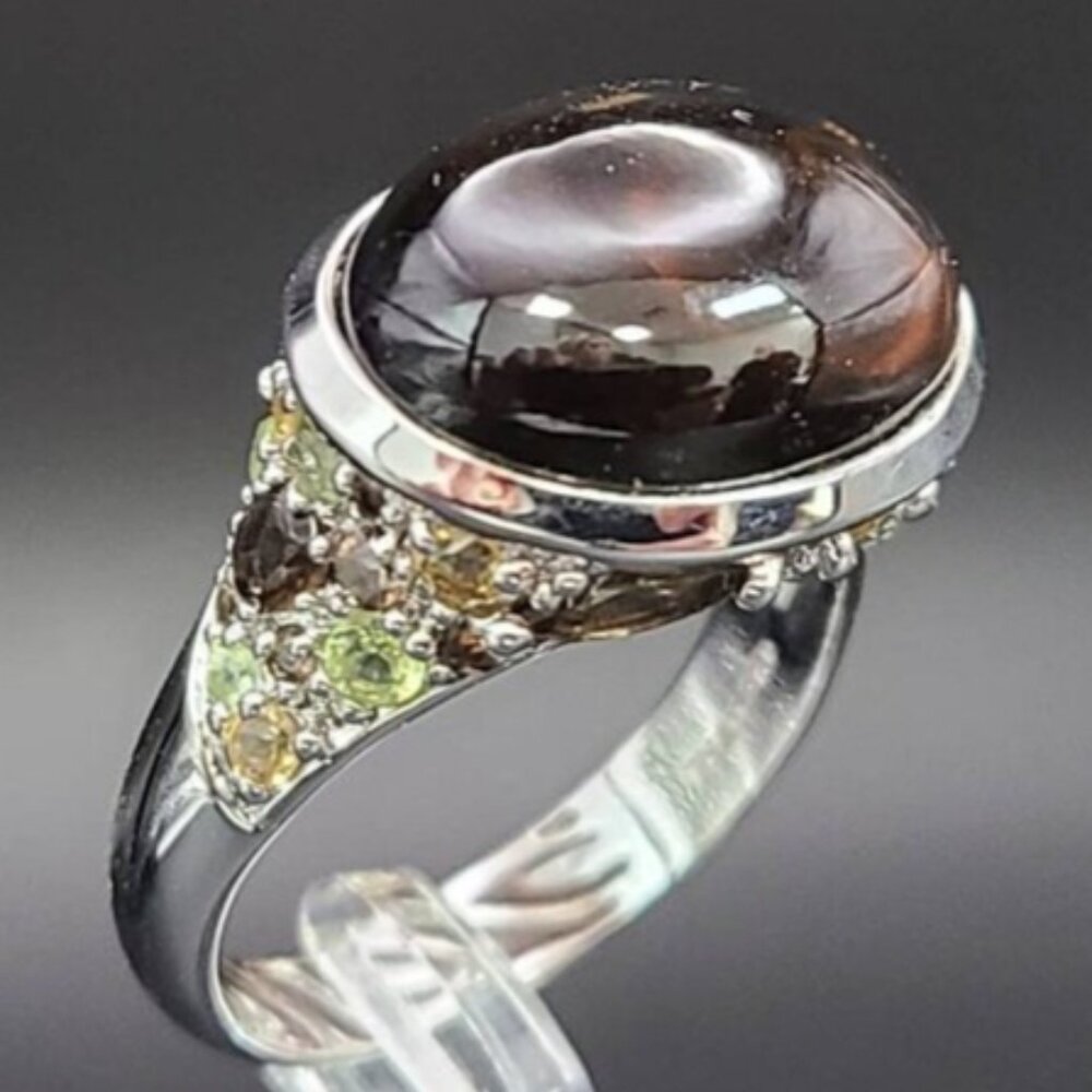 David Sigal Sterling Silver Bold Oval Smoky Quartz Cabochon Ring Size 10